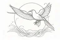 symmetrical minimalistic bird flying perspective above, wind blowing, water below tattoo design idea