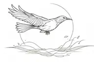 symmetrical minimalistic bird flying perspective above, wind blowing, water below tattoo design idea