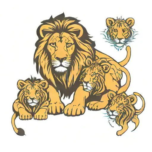 giametric line design with a male lion with blue eyes and 2 cubs. 1 cub with blue eyes an tattoo design idea