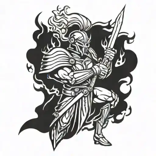 Ares wielding a powerful weapon, surrounded by flames and smoke tattoo design idea