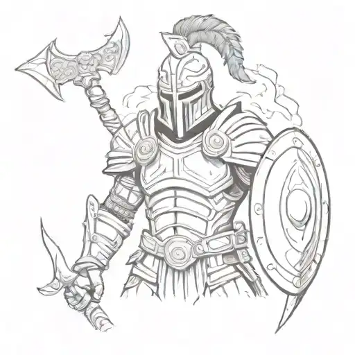 Ares depicted in a sketch style, with a helmet and shield, ready for battle tattoo design idea