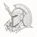 Ares depicted in a sketch style, with a helmet and shield, ready for battle tattoo design idea