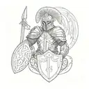 Ares depicted in a sketch style, with a helmet and shield, ready for battle tattoo design idea