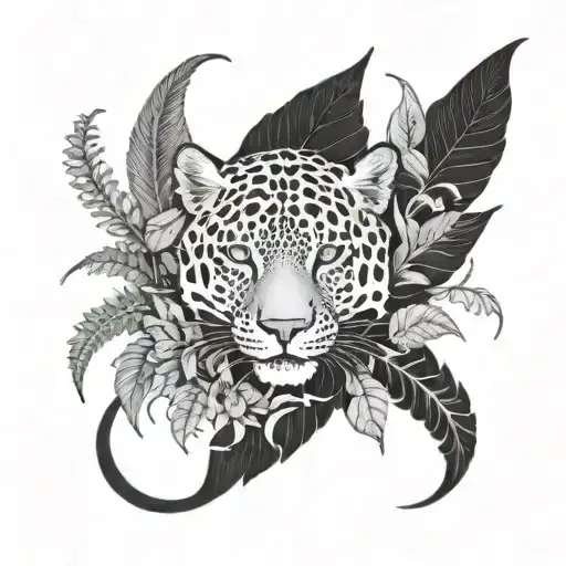 gothic jaguar and dragon with leafs and ferns and birds tattoo design idea
