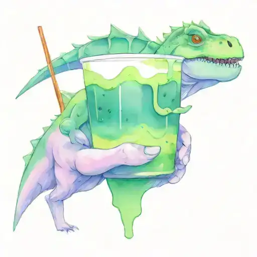 dino drinking iced matcha latte tattoo design idea