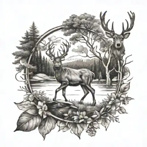 deer and forest tattoo design idea