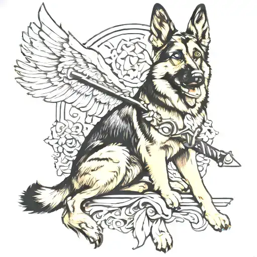 German shepherd and angel holding a sword tattoo design idea