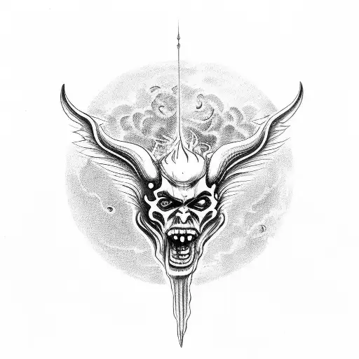 burning buildings, a burning church, demonic figures, a devil head, a wizard, a sun, and a moon tattoo design idea