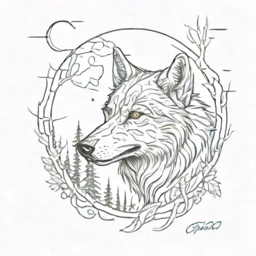 A wolf in the forest with the moon behind tattoo design idea