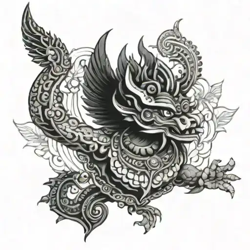 a sun rise and a garuda and vajra the weapon of lord indra as a bicep band tattoo black and white , hindu inspired  tattoo design idea