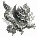 a sun rise and a garuda and vajra the weapon of lord indra as a bicep band tattoo black and white , hindu inspired  tattoo design idea