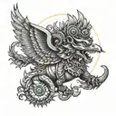 a sun rise and a garuda and vajra the weapon of lord indra as a bicep band tattoo black and white , hindu inspired  tattoo design idea