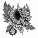 a sun rise and a garuda and vajra the weapon of lord indra as a bicep band tattoo black and white , hindu inspired  tattoo design idea