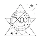 A minimalist design of a cosmic background with The Weeknd's XO logo and the Gemini twins constellation blending seamlessly together tattoo design idea