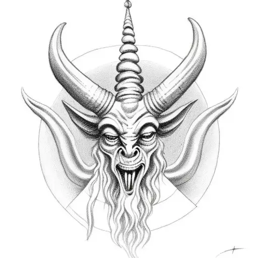full picture Baphomet sinister smile  with children looking at him with the nun  tattoo design idea