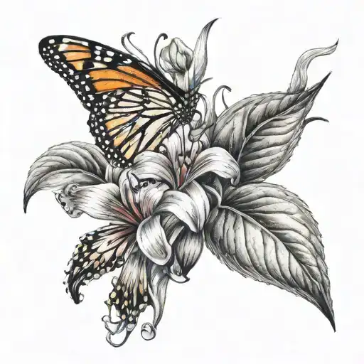 Monarch Butterfly with lady slipper flower blooming  tattoo design idea