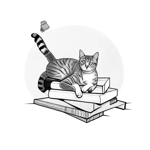 A stack of books with a cat lounging on top tattoo design idea