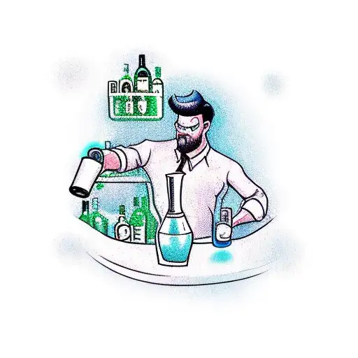 A new-school design featuring a bartender mixing drinks while surrounded by mysterious runes. tattoo design idea