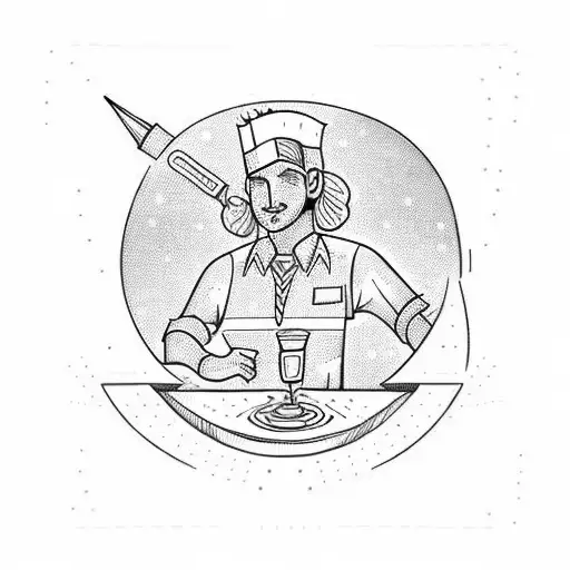 A new-school design featuring a bartender mixing drinks while surrounded by mysterious runes. tattoo design idea