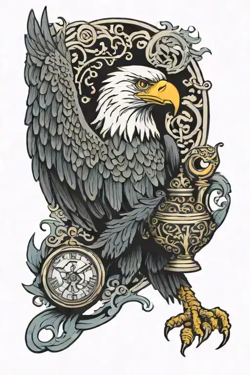 eagle coming out of genie style magic lamp, above the left wing is "12/10/1970" and above the other is "27/05/2024" tattoo design idea