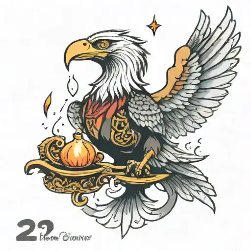 eagle coming out of genie style magic lamp, above one wing is "12/10/1970" and above the other is ""27/05/2024" tattoo design idea