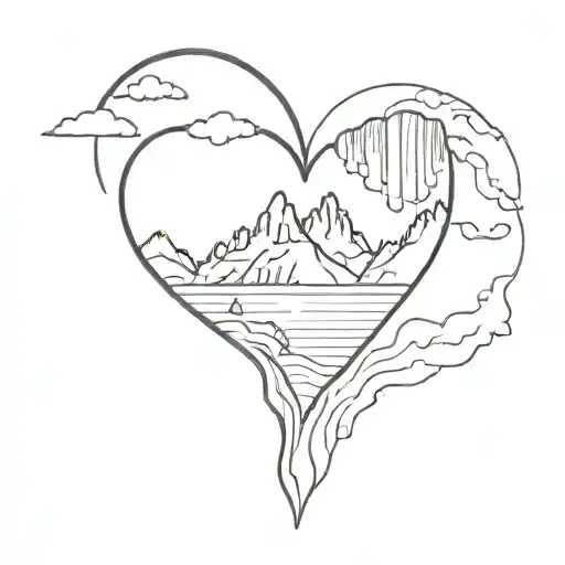 heart with mountain, waterfall, and hiker inside representing tattoo design idea