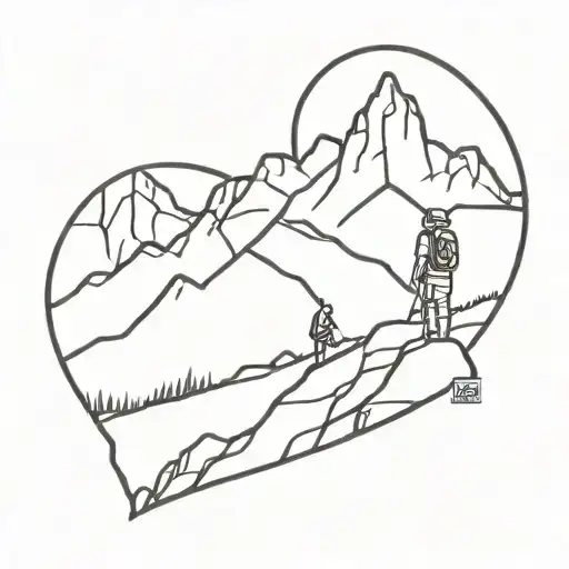 small heart with mountain and hiker standing tattoo design idea