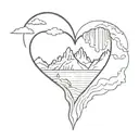 heart with mountain, waterfall, and hiker inside representing tattoo design idea