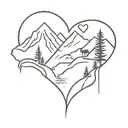 heart with mountain, waterfall, and hiker inside representing tattoo design idea