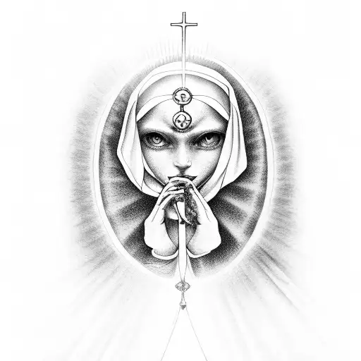 nuns hand rosary with eyes and halo tattoo design idea