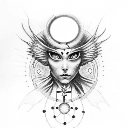 hand rosary with eyes and halo tattoo design idea