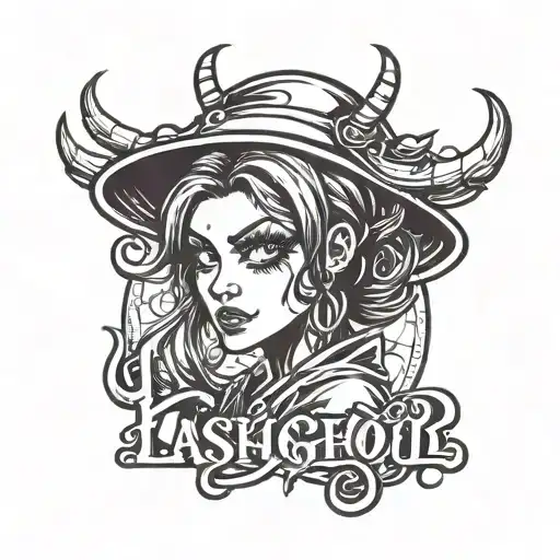 Logo for a lashing company with the words That Lash Ghoul, containing a pretty, emo girl with huge pretty eyelashes tattoo design idea