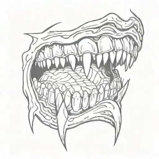 only a human mouth studded with fangs with a bold outline, and a tongue inside, drawn forward tattoo design idea