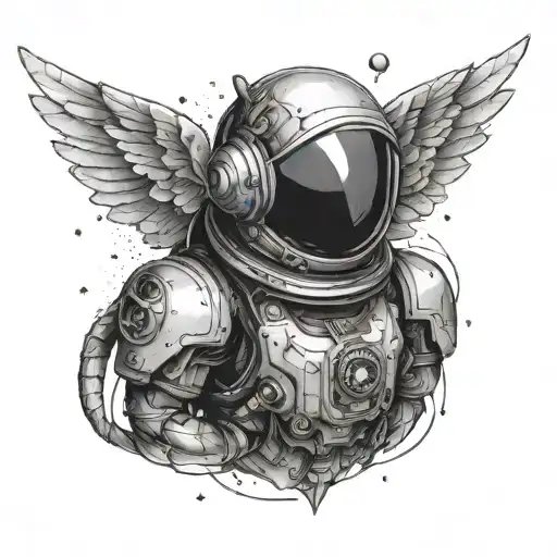 A futuristic astronaut with wings resembling seraphim and arkangels tattoo design idea