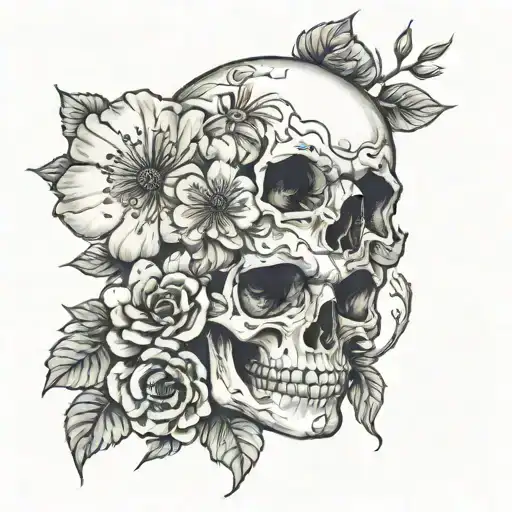 Female skull cherry blossom rose tattoo design idea