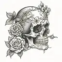 Female skull cherry blossom rose tattoo design idea