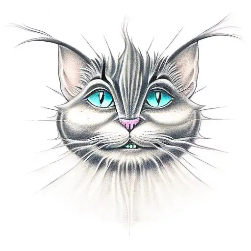 A traditional tattoo featuring the iconic Cheshire Cat sitting on top of an Austin Mini in front of the Oxford skyline tattoo design idea