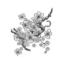 fine line cherry blossom vine with tiny dragons circling around it tattoo design idea