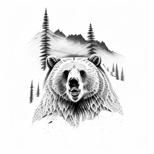 scene of mountain peak, grizzly bears in the distance, silence, skulls, death.  tattoo design idea