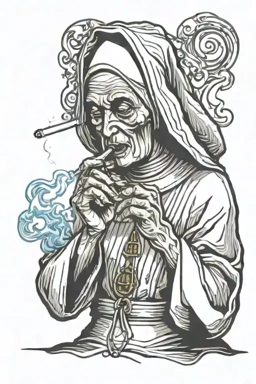 praying nun smoking a cigarette tattoo design idea