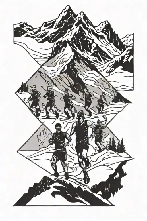 A geometric tattoo of a mountain scene with a coach figure guiding a group of runners through the snow tattoo design idea