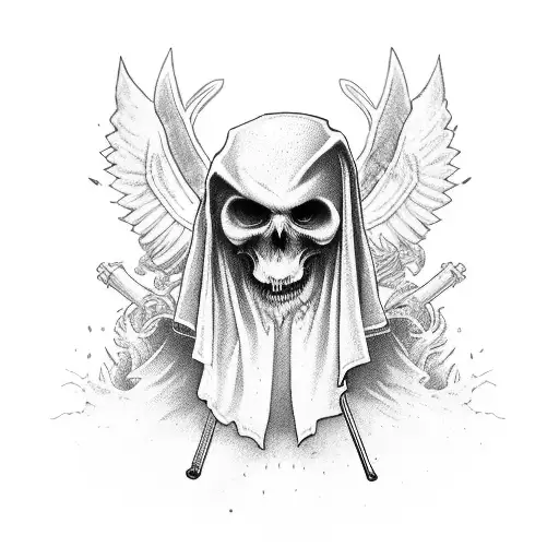 intense and haunting robed grim reaper with scythe and hourglass  tattoo design idea