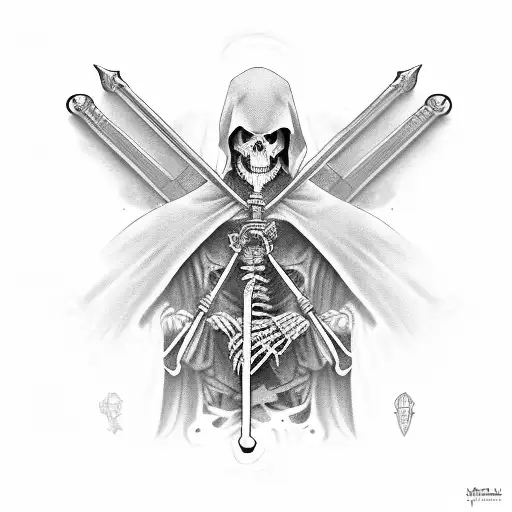 intense and haunting skeletal robed grim reaper with scythe sword and hourglass  tattoo design idea