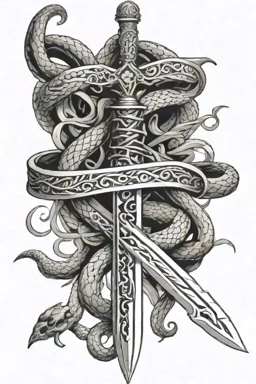 detailed long sword with snake wrapped around it  tattoo design idea