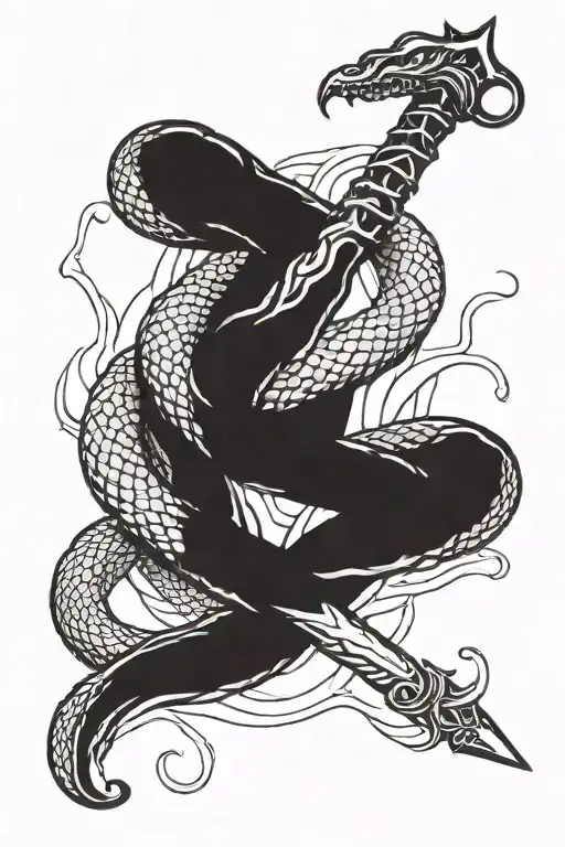 long snake wrapped around a sword with its fangs out tattoo design idea