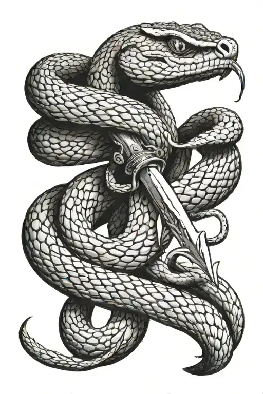 long detailed snake wrapped around pointy sword and hissing tattoo design idea
