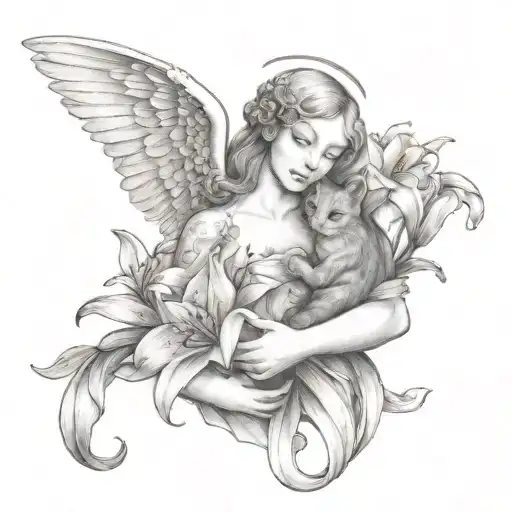 An angel holding a bouquet of lilies and cats tattoo design idea