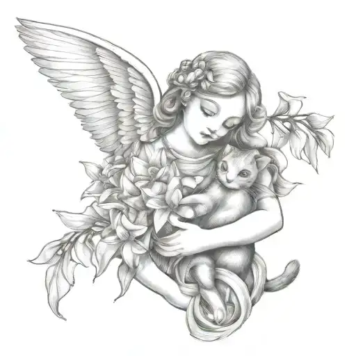 An angel holding a bouquet of lilies and cats tattoo design idea