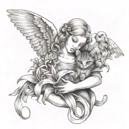 An angel holding a bouquet of lilies and cats tattoo design idea