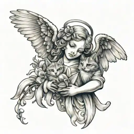 An angel holding a bouquet of lilies and cats tattoo design idea